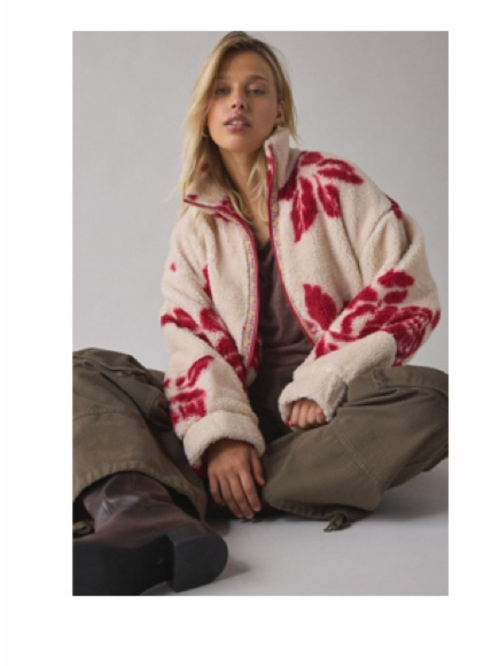 BDG Mae Printed Piled Fleece Zip-Up Jacket